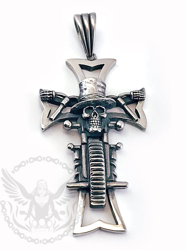 Motorcycle Cross with Top Hat Skull with chain